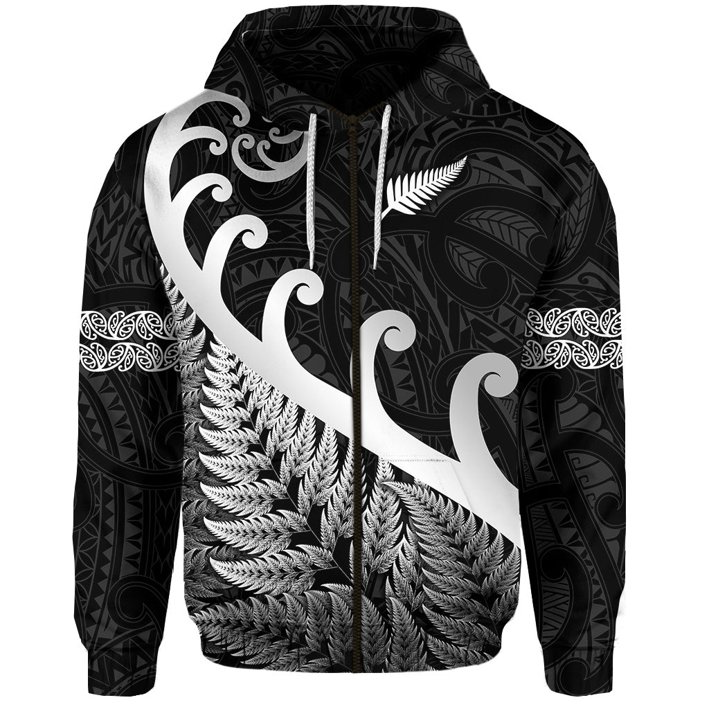 New Zealand Rugby Maori Zip Hoodie Silver Fern Koru Vibes Black Hoodie