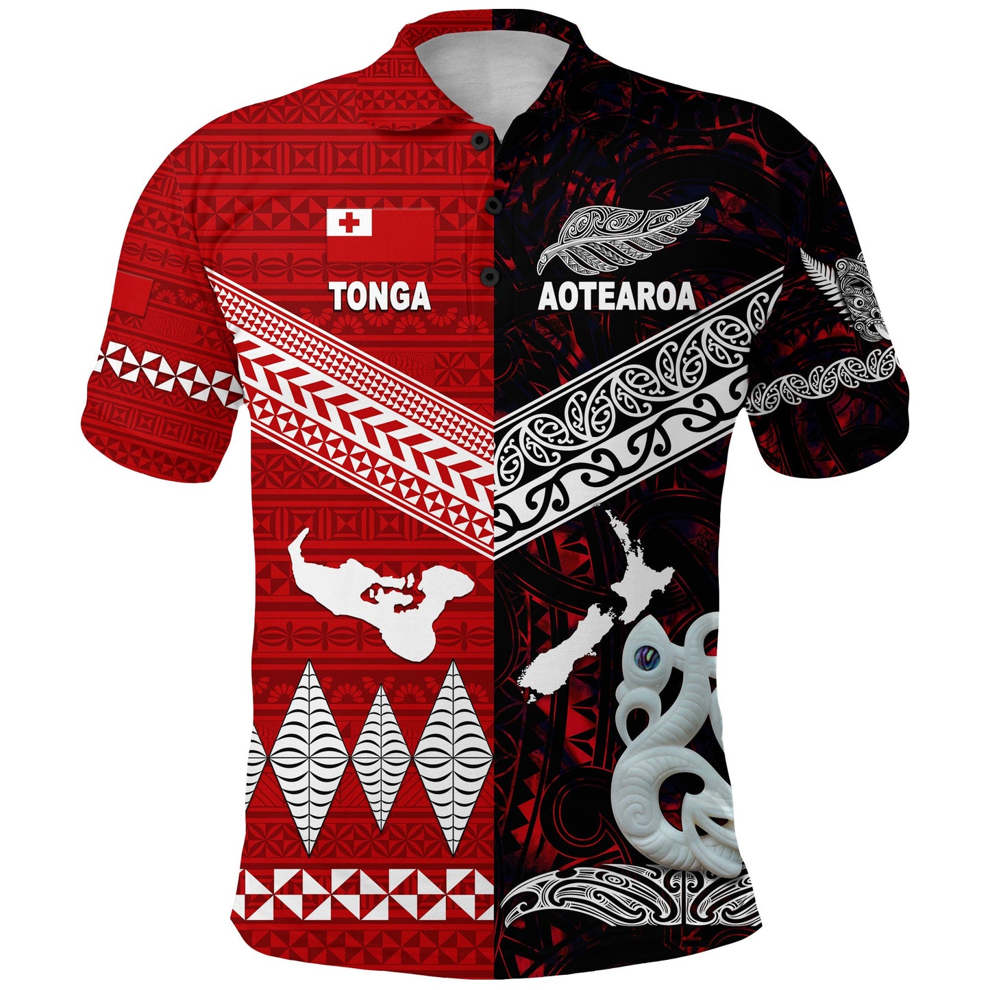 Custom Personalised New Zealand Maori Aotearoa Tonga Polynesian Together Polo Shirt - Red, Custom Text And Number