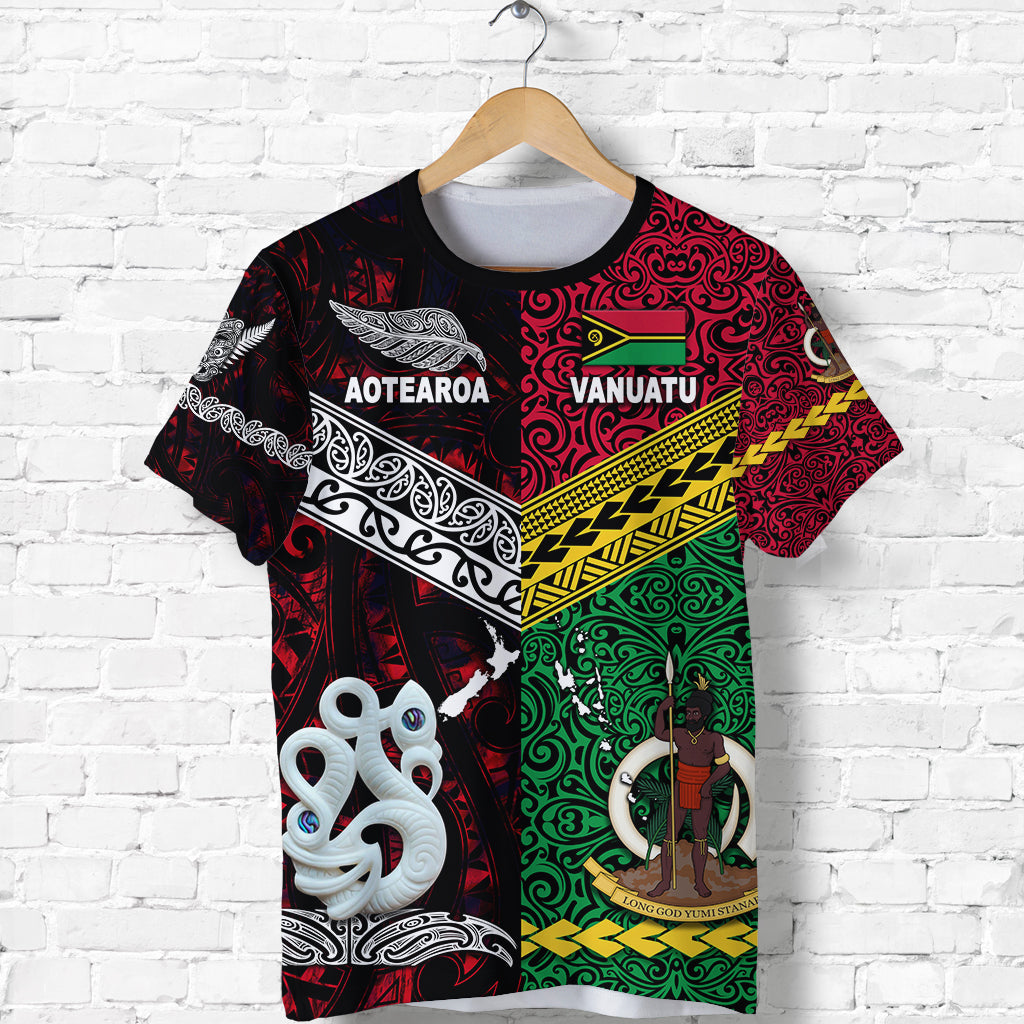 Custom Personalised Vanuatu And New Zealand T Shirt Together - Red, Custom Text And Number
