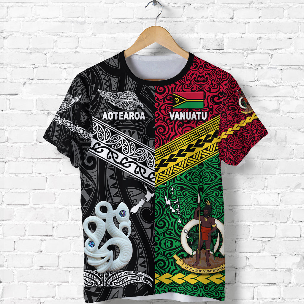 Custom Personalised Vanuatu And New Zealand T Shirt Together - Black, Custom Text And Number