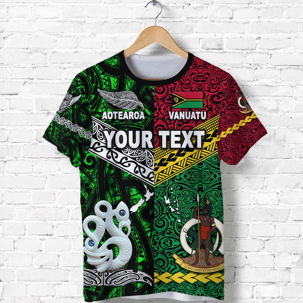 Custom Personalised Vanuatu And New Zealand T Shirt Together - Green