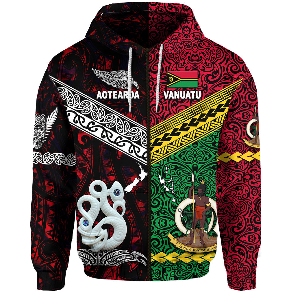 ( Personalised) Vanuatu And New Zealand Zip Hoodie Together Red, Text And Number