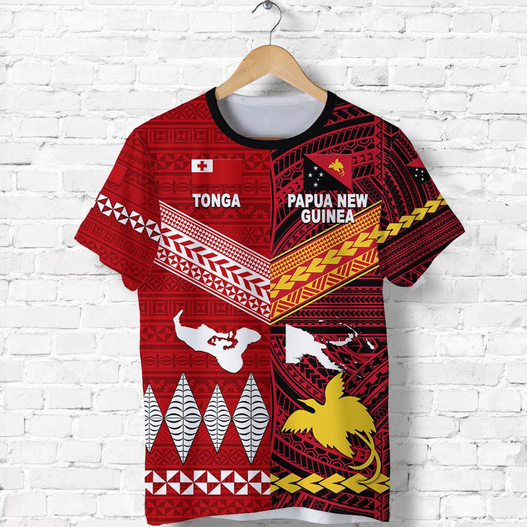 Custom Personalised Papua New Guinea And Tonga T Shirt Polynesian Together - Bright Red, Custom Text And Number
