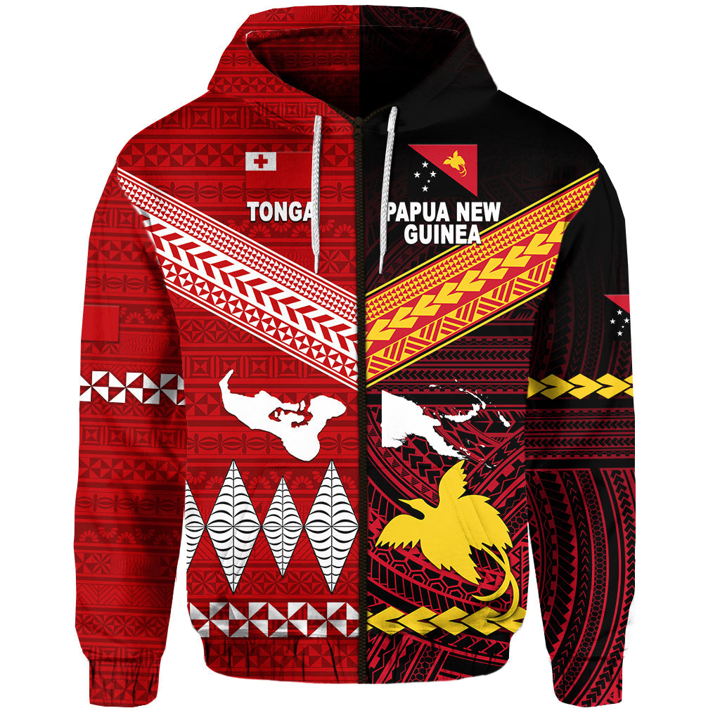 Papua New Guinea And Tonga Zip Hoodie Polynesian Together Red