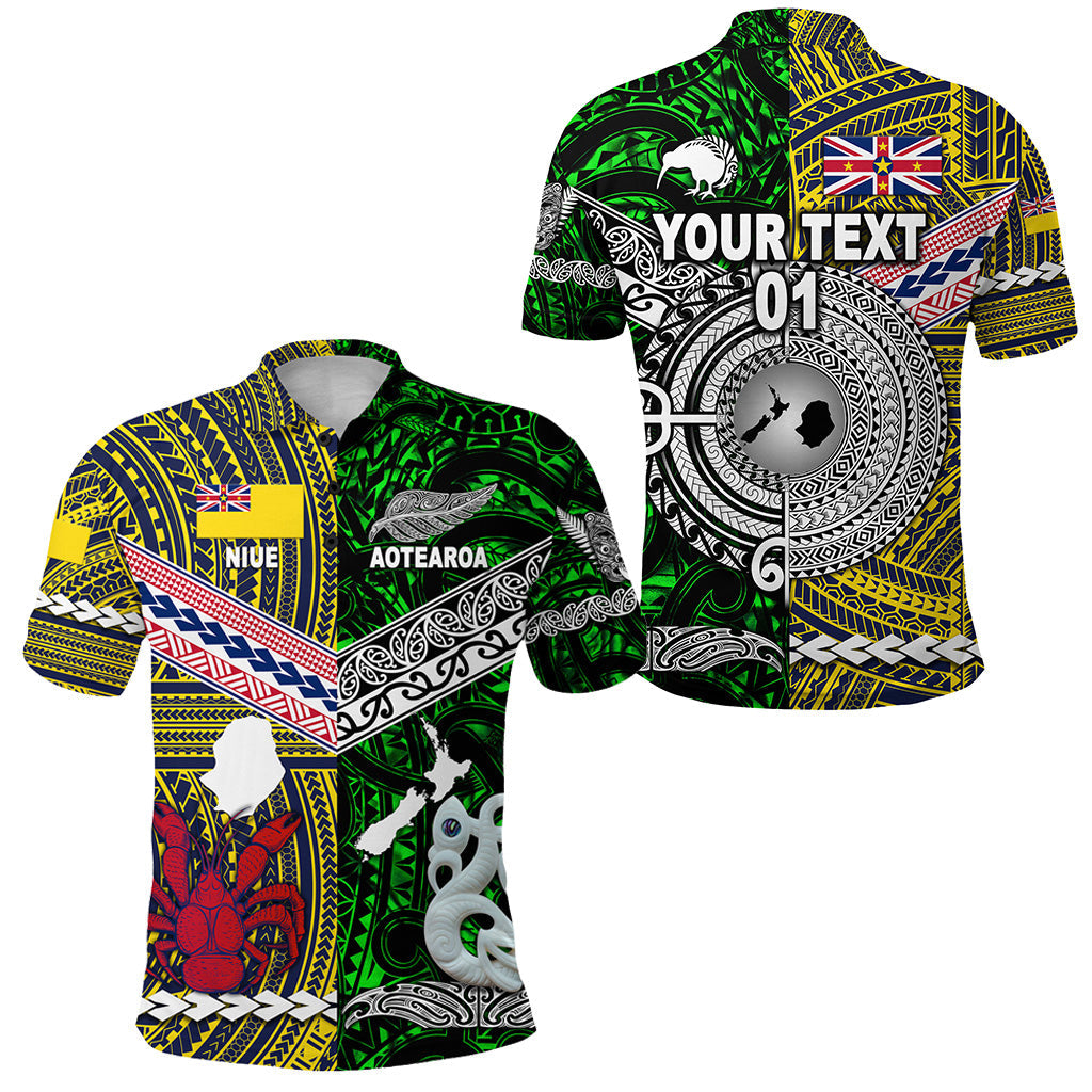 Custom Personalised New Zealand Maori Aotearoa And Niue Together Polo Shirt - Green, Custom Text And Number