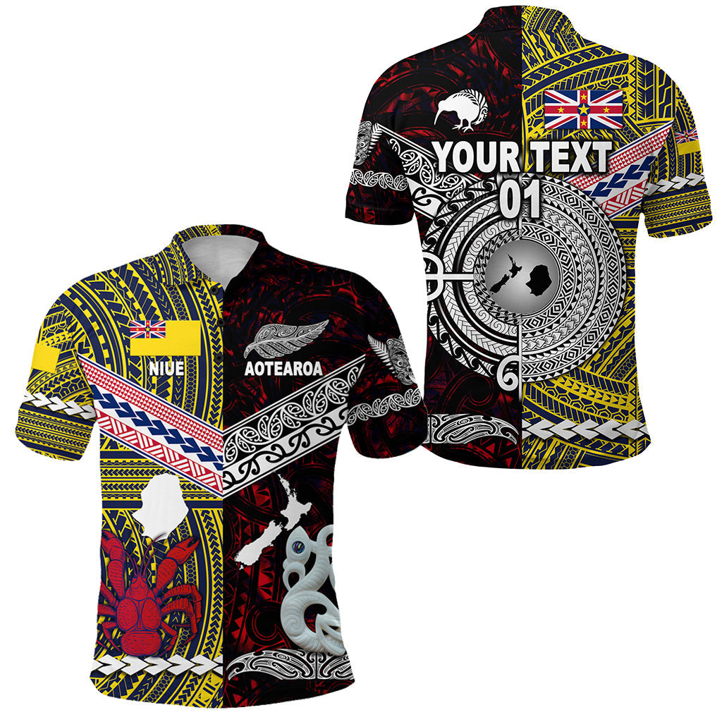 Custom Personalised New Zealand Maori Aotearoa And Niue Together Polo Shirt - Red, Custom Text And Number