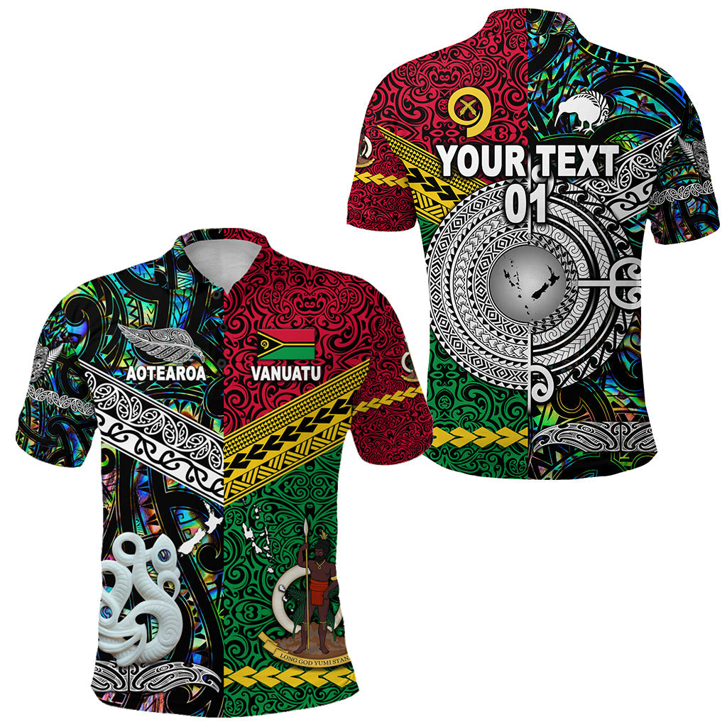 Custom Personalised Vanuatu And New Zealand Polo Shirt Together - Paua Shell, Custom Text And Number