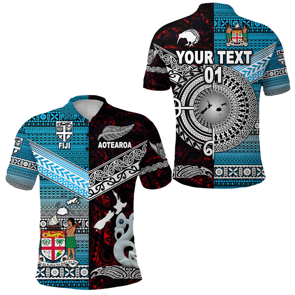 Custom Personalised New Zealand Maori Aotearoa Fiji Tapa Together Polo Shirt - Red, Custom Text And Number