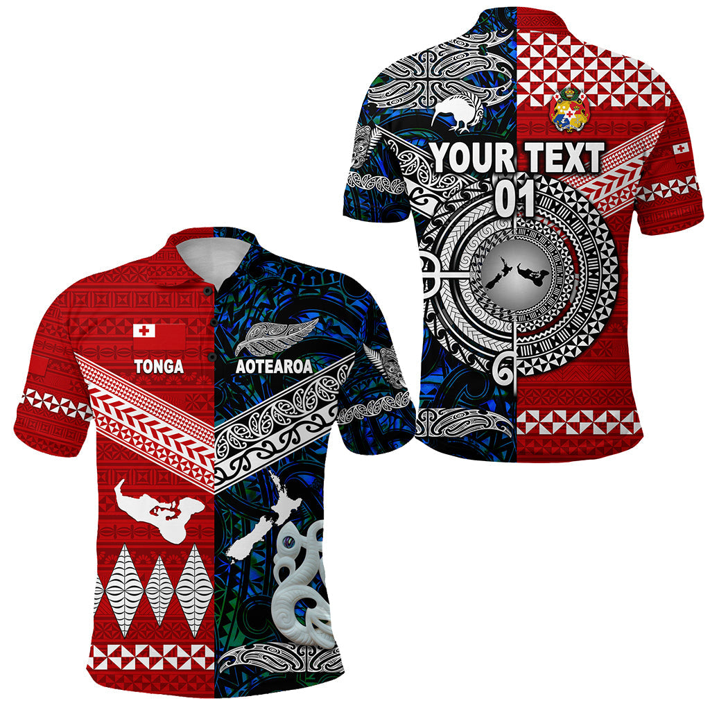 Custom Personalised New Zealand Maori Aotearoa Tonga Polynesian Together Polo Shirt - Blue, Custom Text And Number