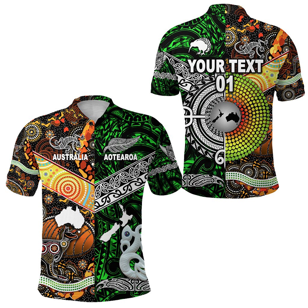 Custom Personalised New Zealand Maori Aotearoa And Australia Aboriginal Polo Shirt Together - Green, Custom Text And Number