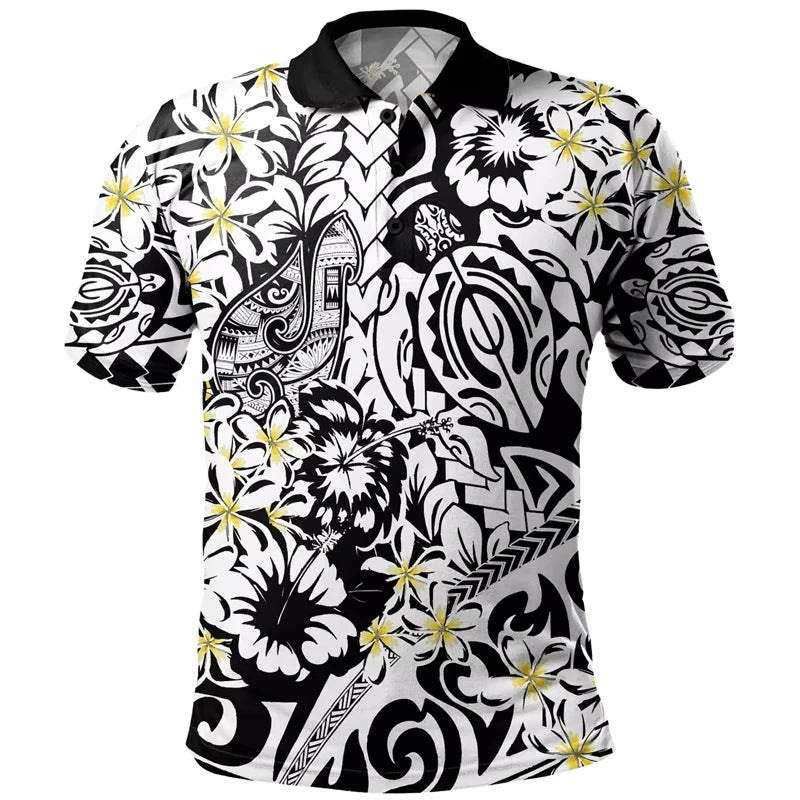 Plumeria Flowers Pattern Polo Shirt For Men 3D Tropical Island Polynesian Tribal Shirt