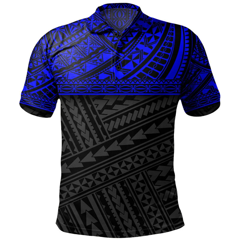 Polynesian Tribal Pattern Blue Polo Shirt For Men 3D Tropical Print Short Sleeves T Shirt