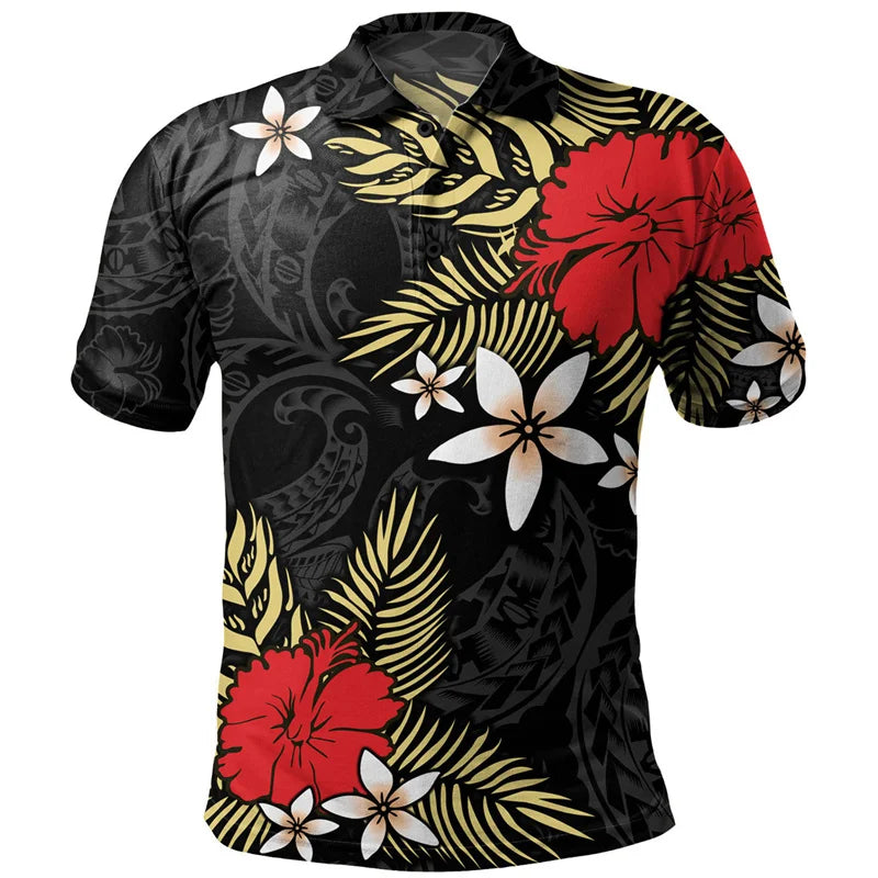 Polynesian Tribal Flowers Pattern Polo Shirt For Men 3D Tropical Island Print Short Sleeves Black Shirt