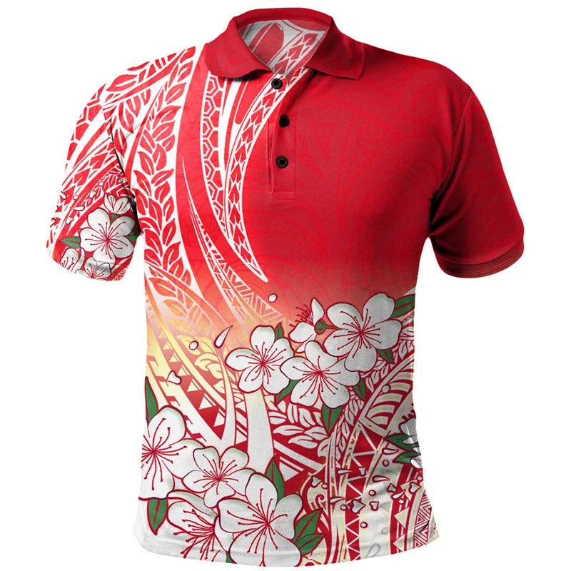 Polynesian Tribal Pattern Polo Shirt For Men 3D Tropical Island Flowers Print Short Sleeves Red T Shirt