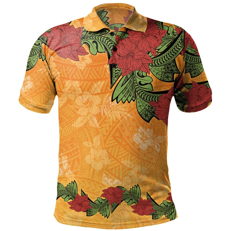 Polynesian Tribal Pattern Polo Shirt For Men 3D Tropical Island Flowers Print Short Sleeves Orange T Shirt