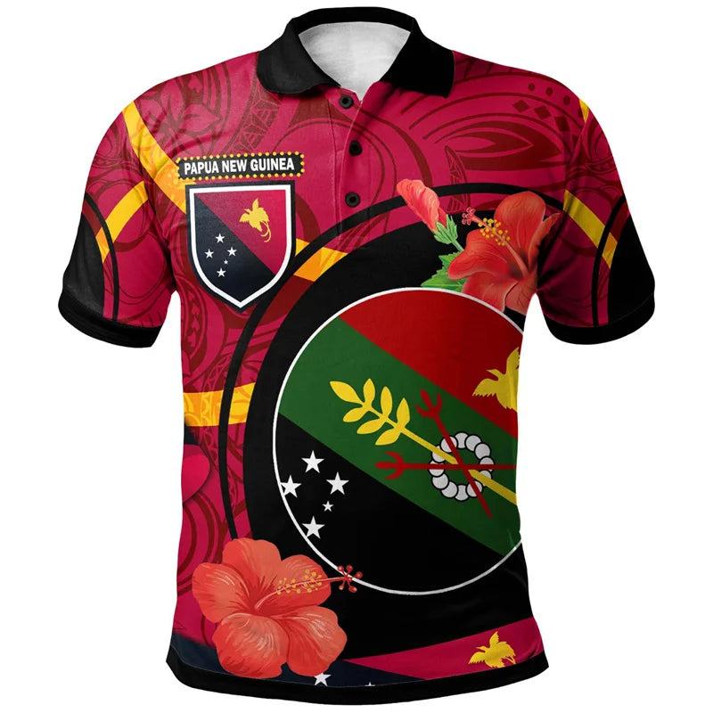 Papua New Guinea Polo Shirt Polynesian Tribal Hibiscus Pattern Short Sleeve Shirt