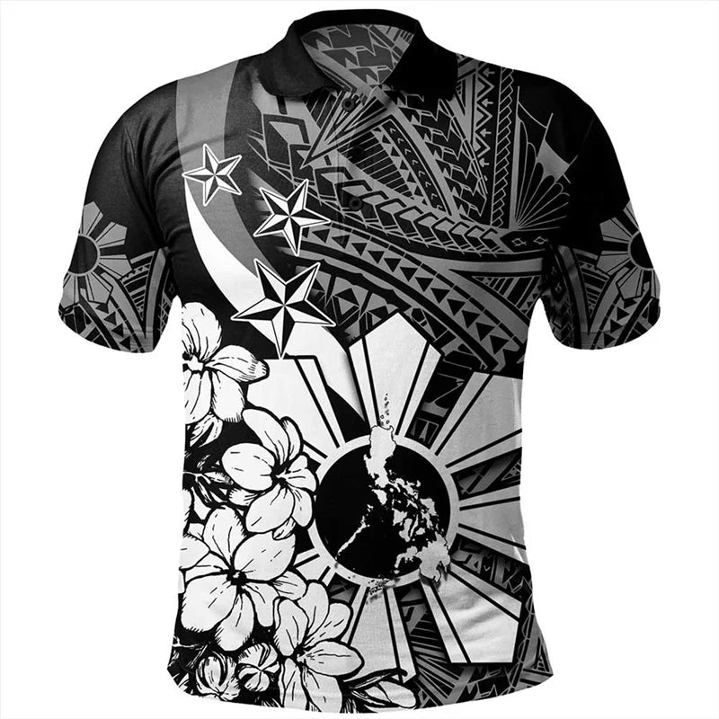 Philippines Polo Shirt For Men Polynesian Tribal Pattern Printed Tropical Flowers Shirt