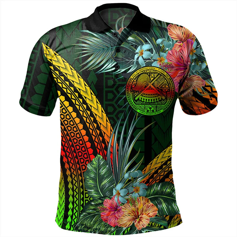 American Samoa Tribal Styles Print Polo Shirt Polynesian Tribal Tropical Floral Pattern Men Shirt