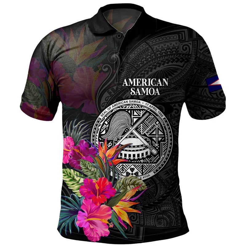 American Samoa Tribal Styles Print Polo Shirt Polynesian Tropical Flowers Pattern Men Shirt