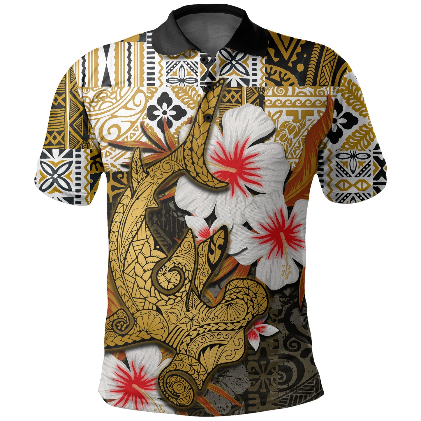 Floral Pattern Hammerhead shark Polo Shirt Hawaii Style Gold Shirt