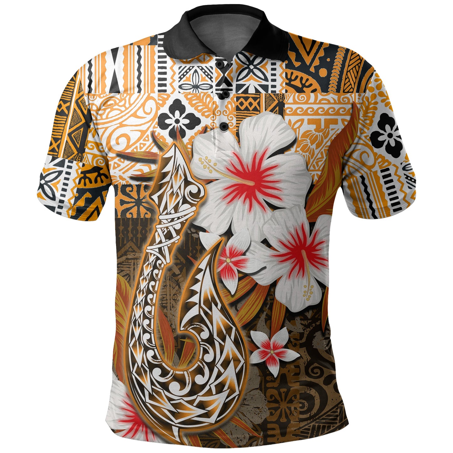 Polynesian Floral Pattern Hawaii Fish Hook Polo Shirt Orange Style Shirt