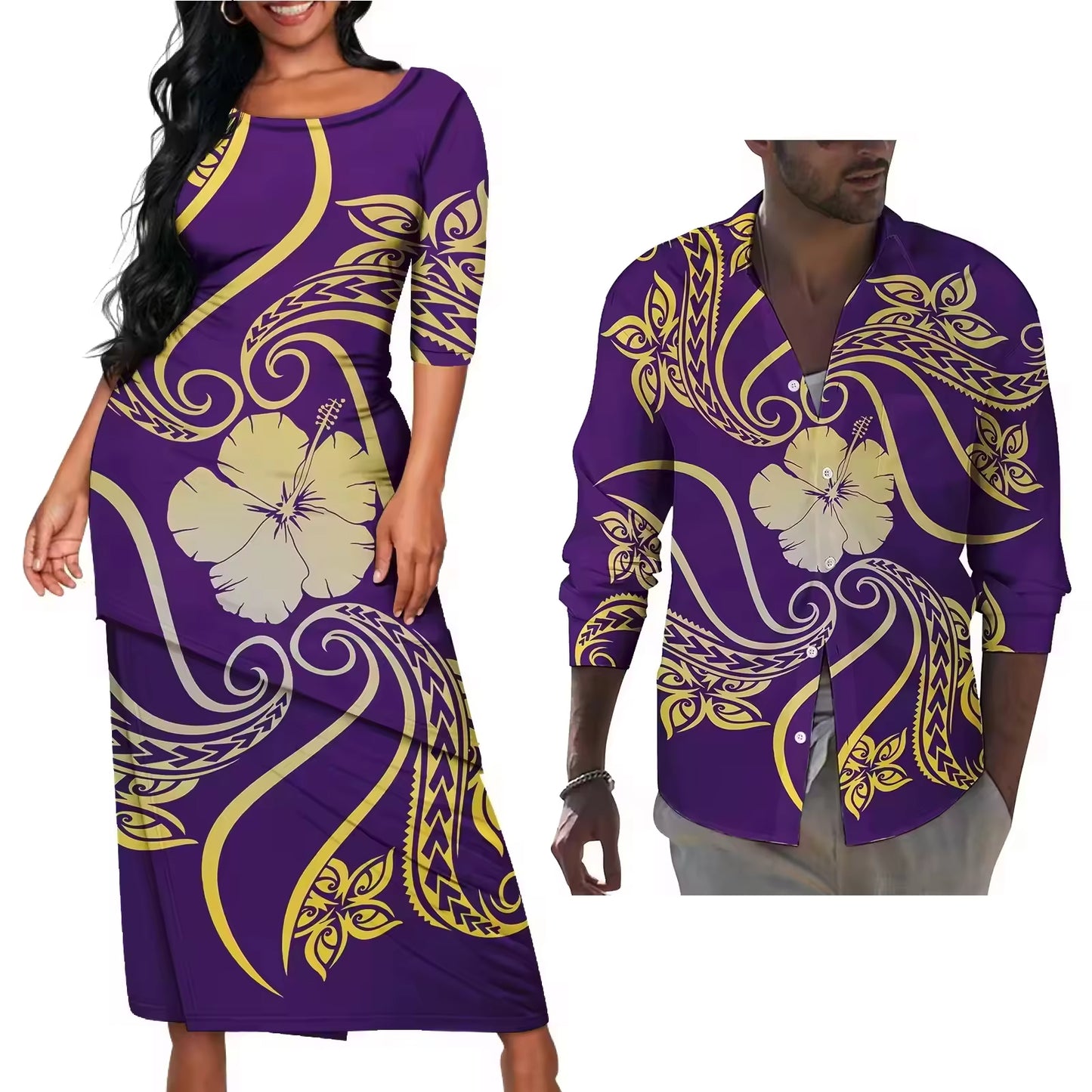Polynesian Hibiscus Flowers Pattern Couple Matching Outfit Polynesian Tribal Women's Puletasi Dress Men's Long Sleeve Button Shirt