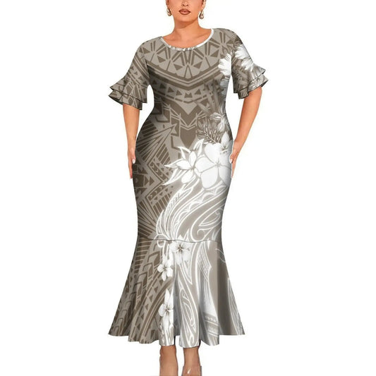 Polynesian Tribal Pattern Flowers Tropical Couples Matching Outfit Fishtail Skirt Dress And Shirt For Her Him