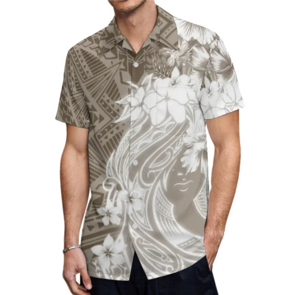Polynesian Tribal Pattern Flowers Tropical Couples Matching Outfit Fishtail Skirt Dress And Shirt For Her Him