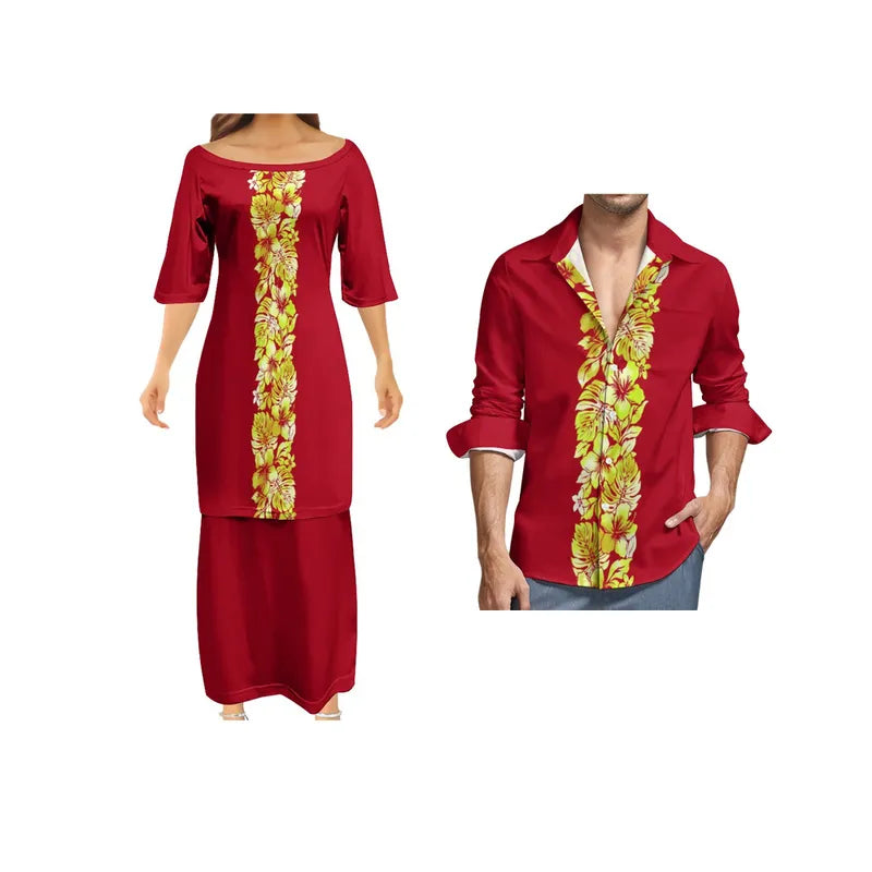 Polynesian Flowers Pattern Couple Matching Outfit Polynesian Tribal Women's Puletasi Dress Men's Long Sleeve Button Shirt