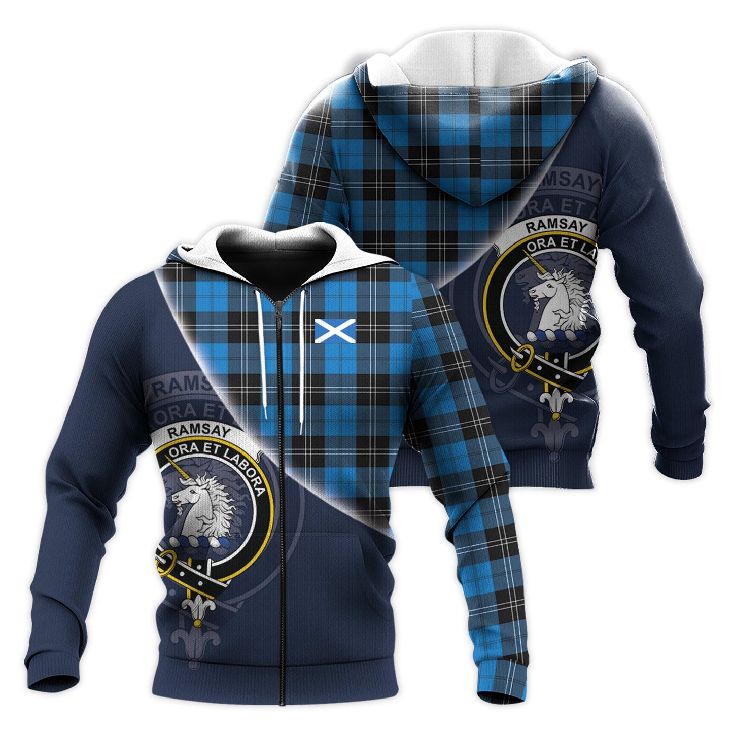 Printivon Ramsay Blue Ancient Tartan Scottish Crest Hoodie