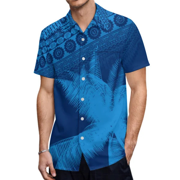 Polynesian Tribal Blue Printed Couples Matching Outfit Fishtail Skirt Dress And Shirt For Her Him