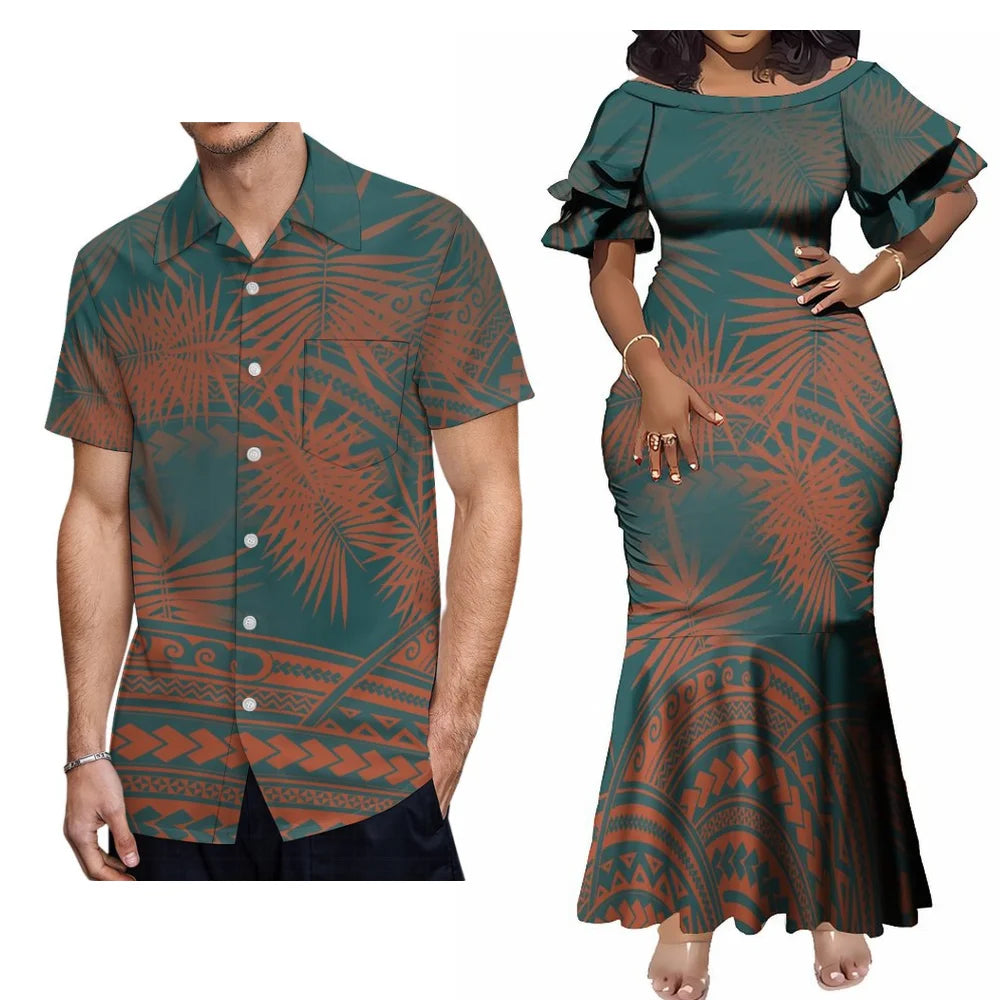 Polynesian Pattern Vintage Party Fishtail Skirt Dress And Shirt Polynesian Tribal Island Matching Outfit For Couple