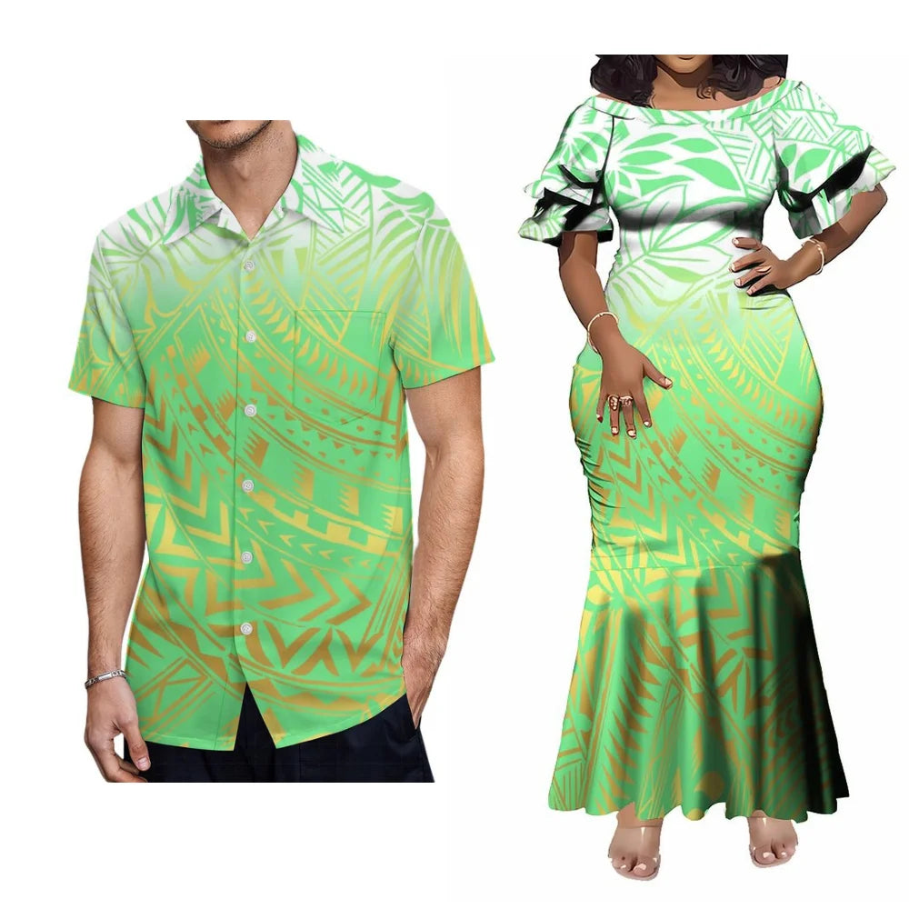 Polynesian Tribal Samoan Pattern Green Couple Set For Her Him Tropical Short-Sleeved Fishtail Dress And Hawaiian Shirt