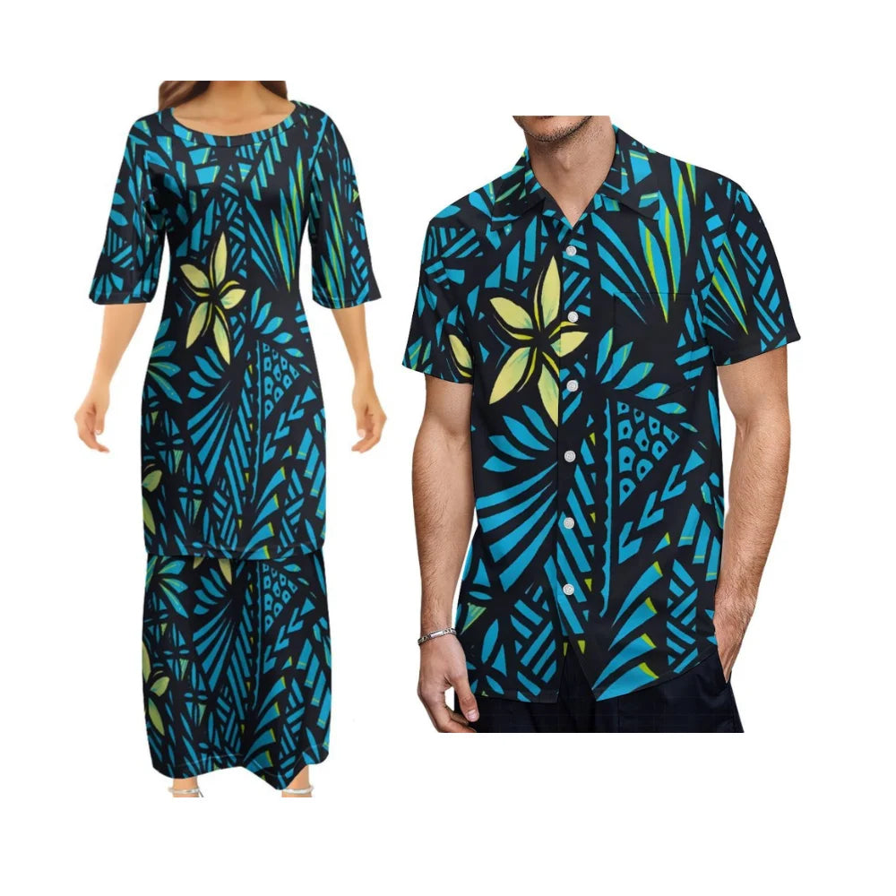 Polynesian Tribal Pattern Flowers Outfit For Couple Island Blue Dress And Hawaiian Shirt Matching Set