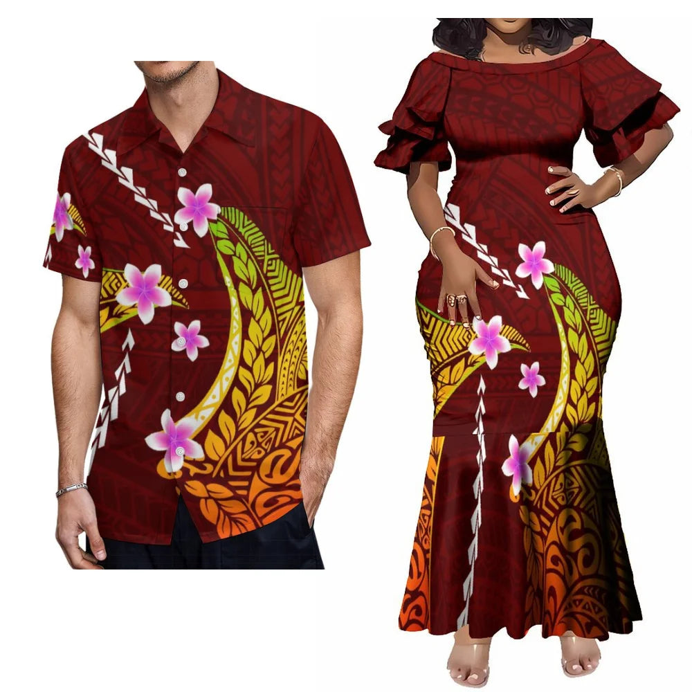 Polynesian Tribal Flowers Tropical Pattern Matching Outfit For Couple Traditional Women's Short-Sleeved Mermaid Long Dress Men Hawaii Shirt