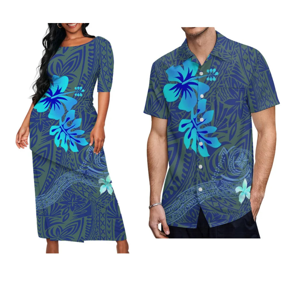 Hibiscus Flowers Polynesian Island Matching Outfit For Couple Women Puletasi Men's Shirt For Him Her