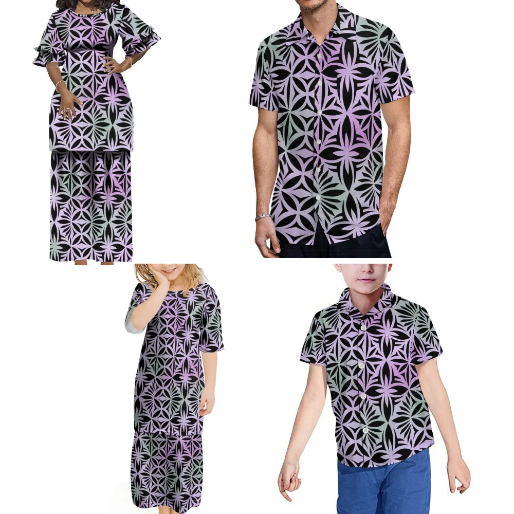 Polynesian Tribal Family Set Vintage Puletasi Double layer Horn Sleeve Dress And Men's Shirt Island Matching Outfit For Family