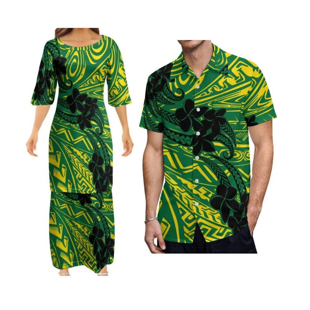 Polynesian Tribal Plumeria Flowers Pattern Green Outfit For Couple Island Brown Dress And Hawaiian Shirt Matching Set
