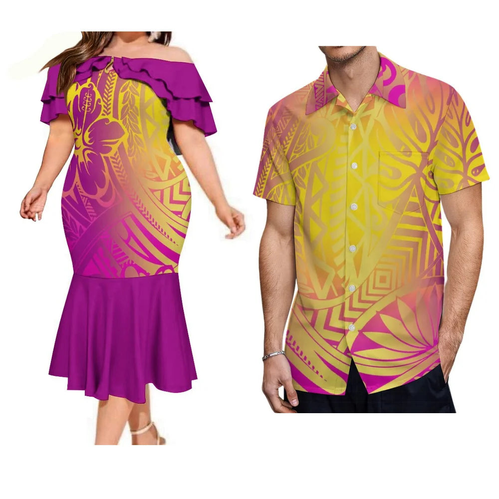 Island Flowers Style Couple Suit Matching Outfit For Couple Polynesian Dress And Shirt Outfit Set
