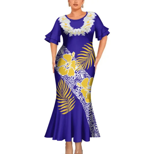 Polynesian Tribal Hibiscus Flowers Necklace Pattern Couple Clothing Tropical Fishtail Dress And Hawaiian Shirt Matching Outfit For Couple