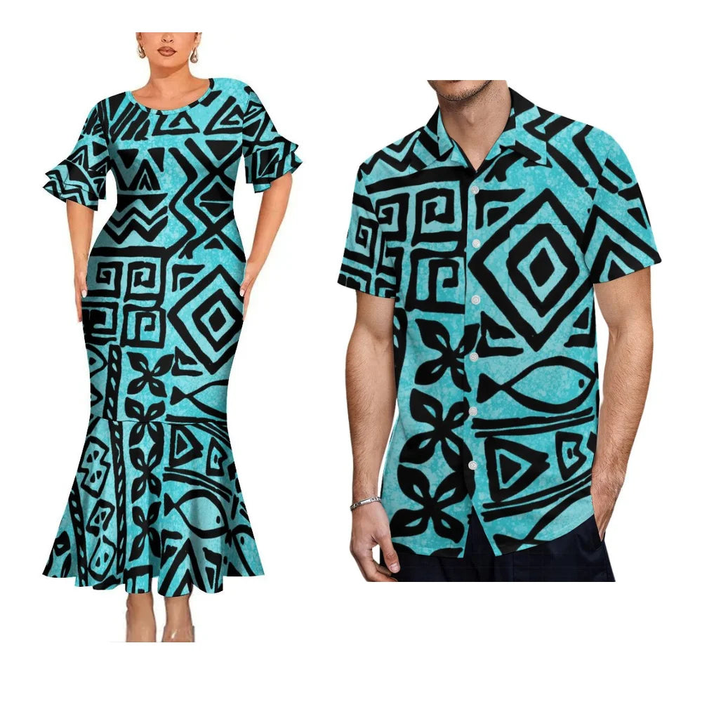 Polynesian Tribal Geometric Pattern Blue Party Matching Outfit For Coupler Island Fishtail Dress And Hawaiian Shirt For Him Her