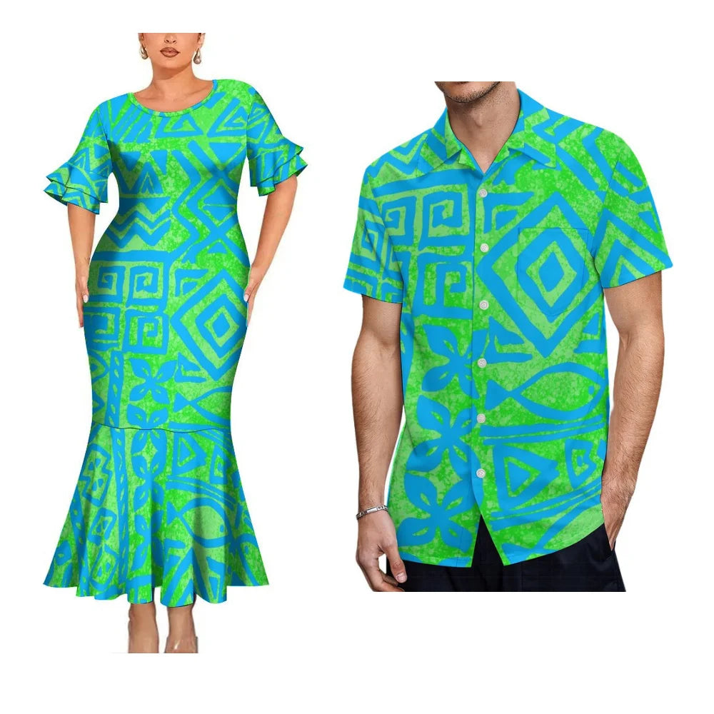 Polynesian Tribal Pattern Party Matching Outfit For Coupler Island Fishtail Dress And Hawaiian Shirt For Him Her