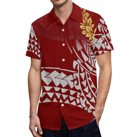 Polynesian Traditional Printed Island Flowers Pattern Red Fishtail Dress And Hawaiian Shirt Matching Outfit For Couple Set For Him Her