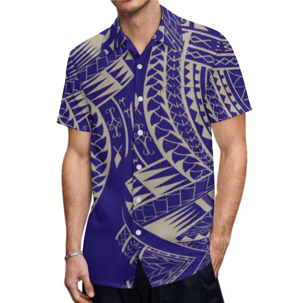Blue Polynesian Tribal Pattern Party Matching Outfit For Couple Clothing Tropical Fishtail Dress And Hawaiian Shirt