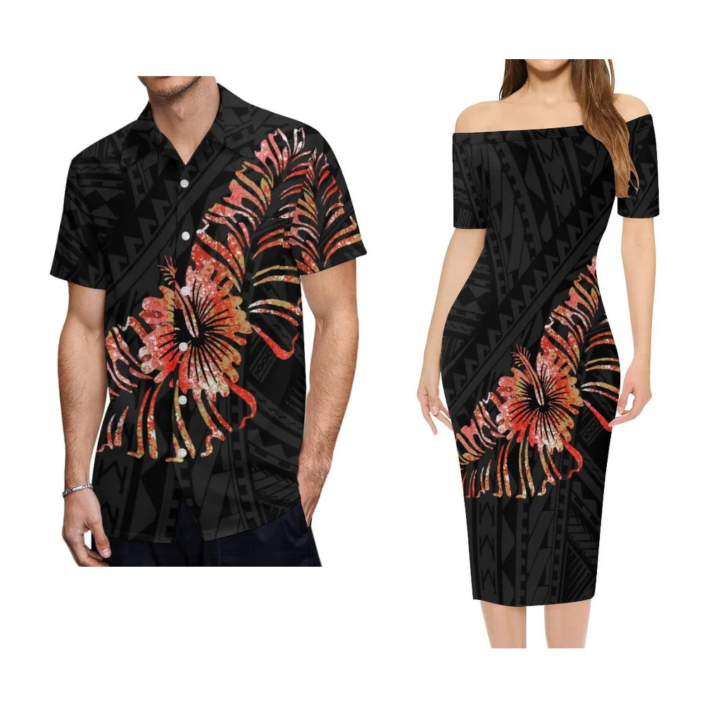Polynesian Tribal Hibiscus Flowers Pattern Tropical Outfit For Couple Black Polynesian Island Off Shoulder Lady Short Sleeve Dress And Men's Hawaiian Shirt