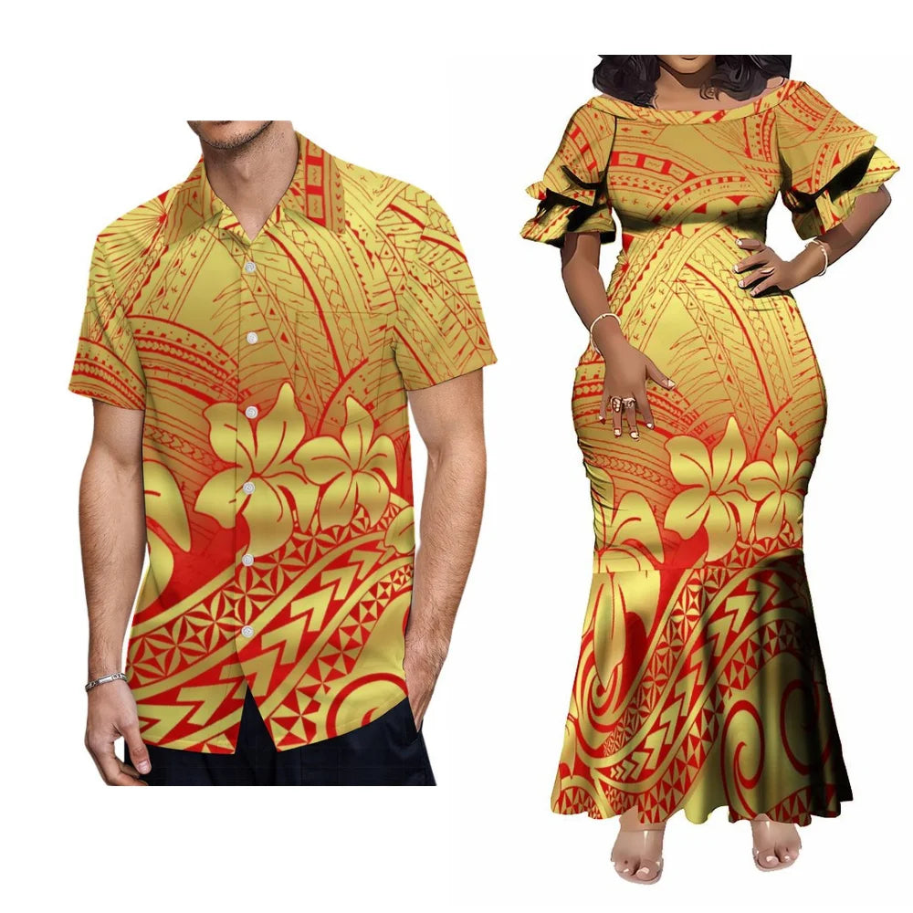 Polynesian Tribal Samoan Floral Pattern Printed Couple Set For Her Him Tropical Short-Sleeved Fishtail Dress And Hawaiian Shirt
