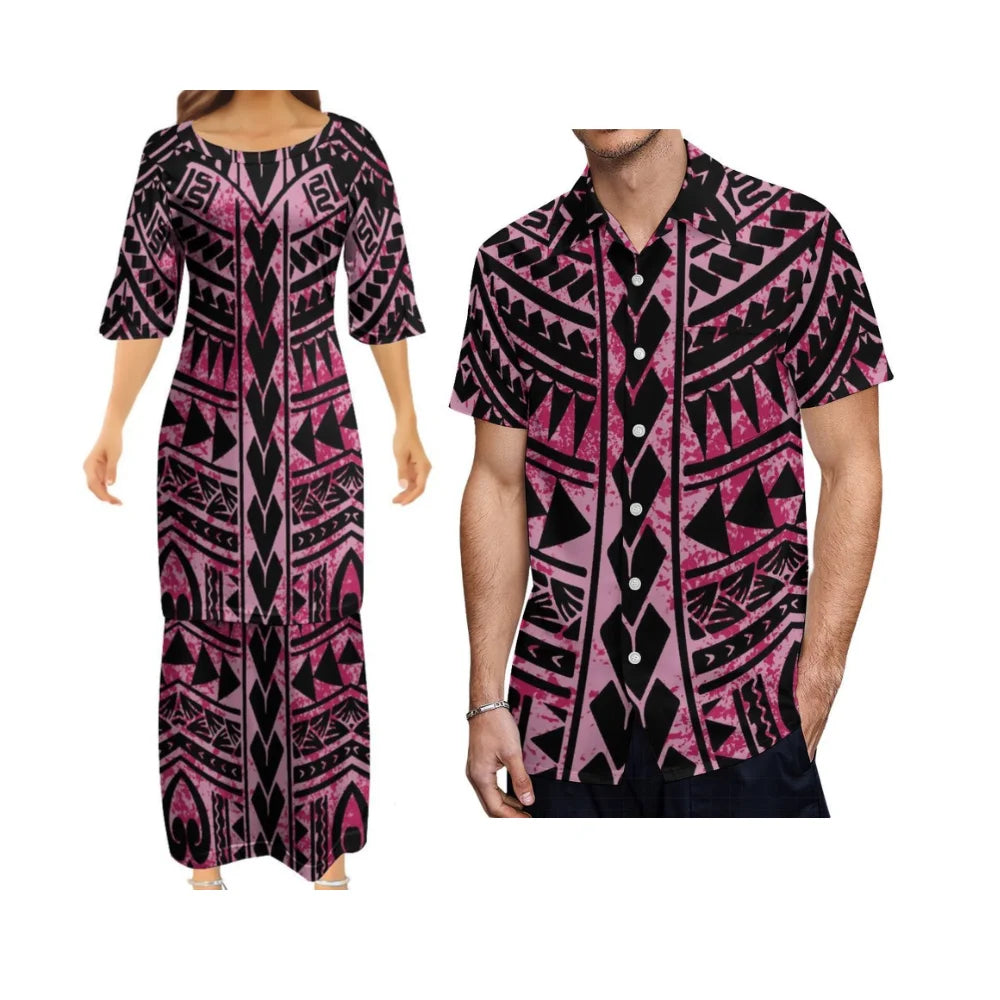 Vintage Polynesian Tribal Pattern Outfit For Couple Island Dress And Hawaiian Shirt Matching Set
