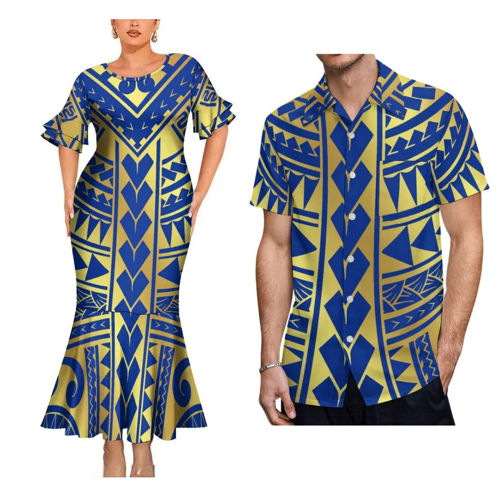 Polynesian Tribal Pattern Blue Matching Clothes For Couple Fishtail Skirt Dress And Hawaii Shirt Couple Outfit
