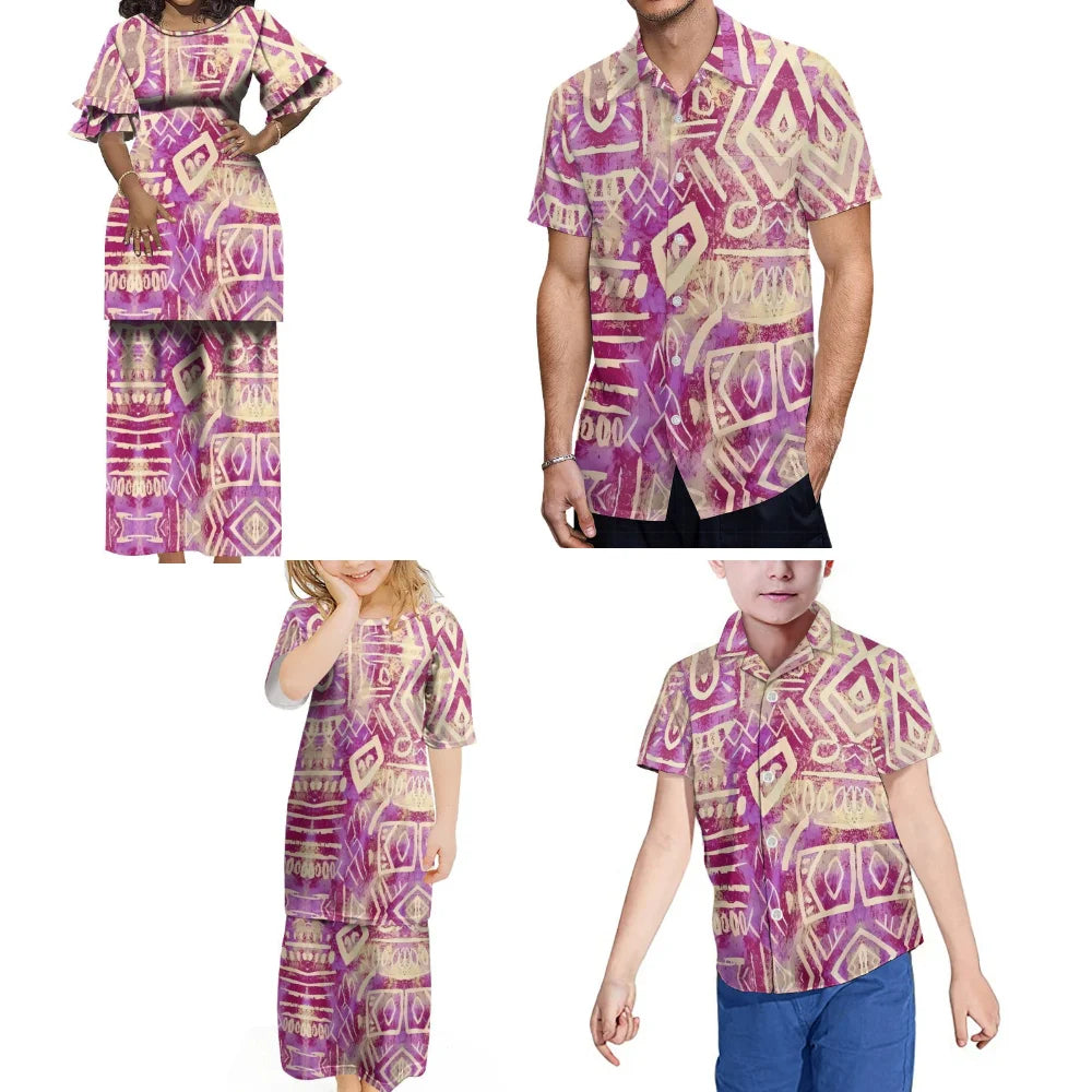 Polynesian Tribal Matching Outfit For Family Vintage Puletasi Double layer Horn Sleeve Dress And Shirt
