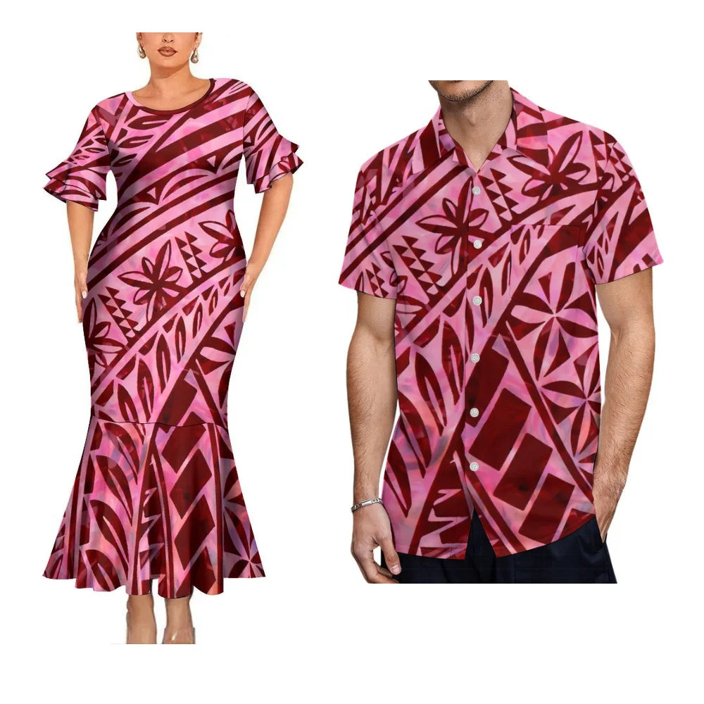 Polynesian Tribal Tropical Geometric Pattern Party Matching Outfit For Coupler Island Fishtail Dress And Hawaiian Shirt For Him Her